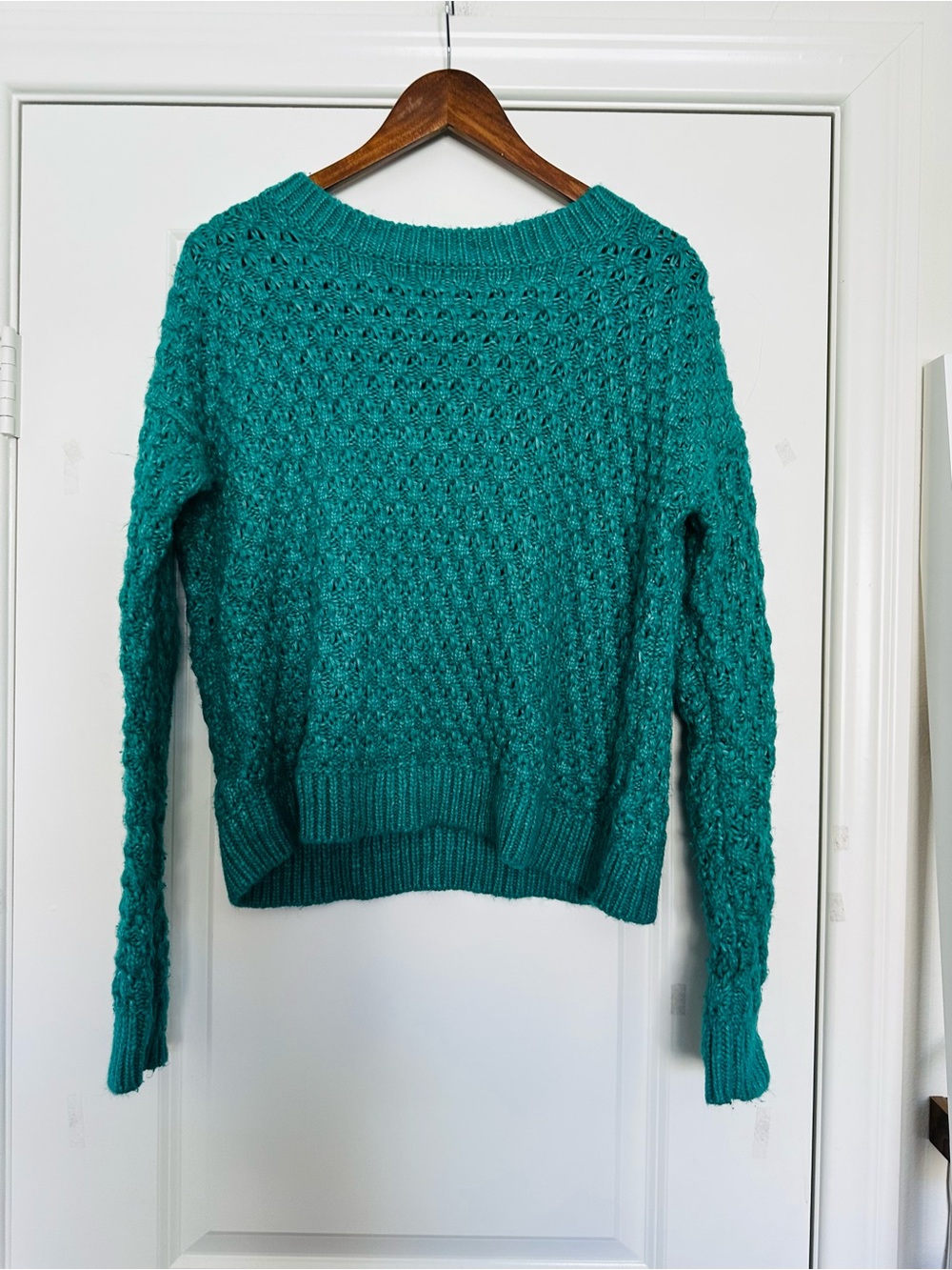 LOFT Teal Textured crochet Crewneck Sweater medium